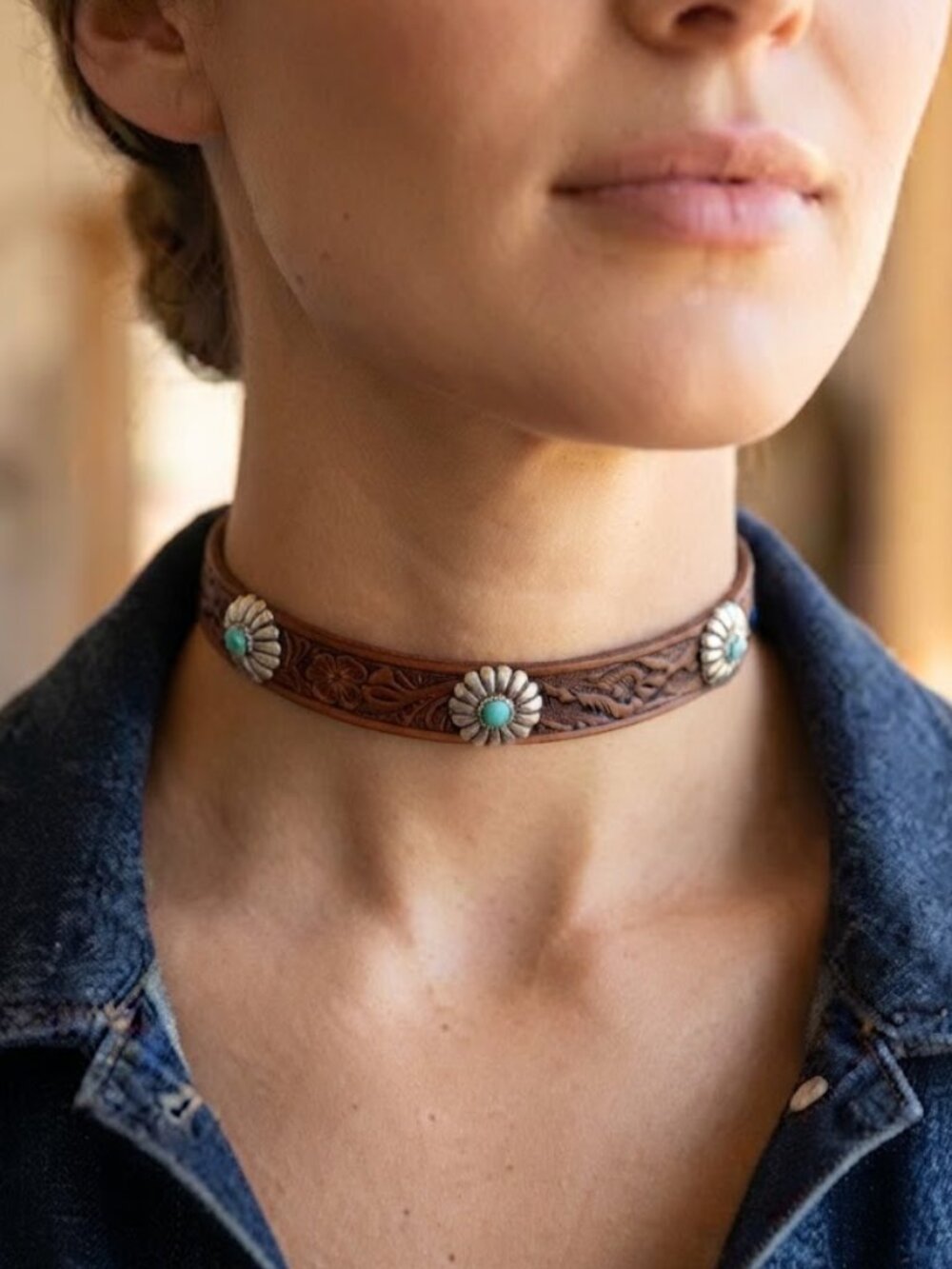 Made in BC Brown Leather Choker Necklace with Turquoise Accents
